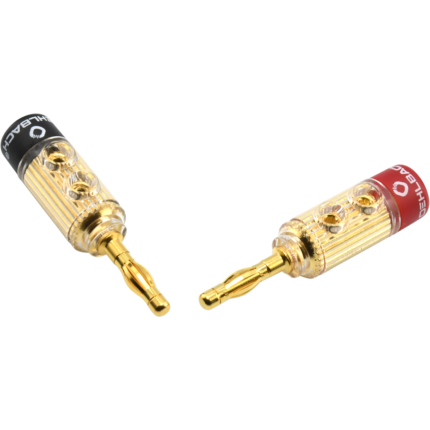 Zwei goldene Bananenstecker mit schwarzen und roten Ringen, vor schwarzem Hintergrund.