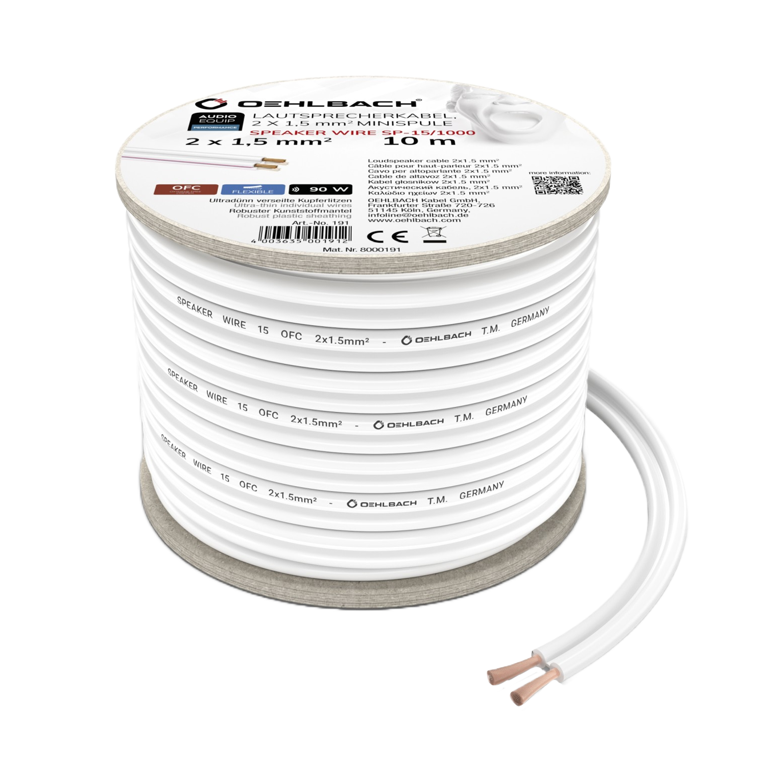 Eine Spule weißes Lautsprecherkabel, beschriftet mit 'Speaker Wire', 'Oehlbach', mit freiliegenden Kupferlitzen.