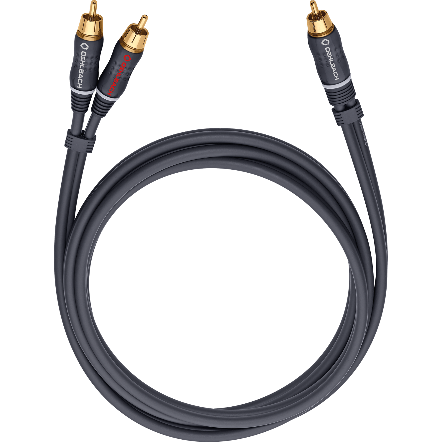 Zwei Cinch-Kabel mit vergoldeten Steckern. Die Kabel sind schwarz und verdrillt, vor schwarzem Hintergrund isoliert.