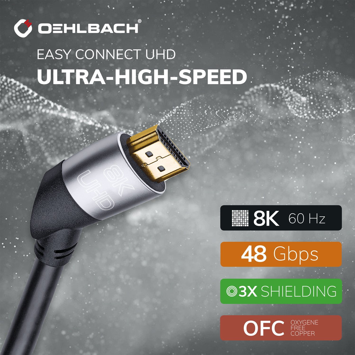 Ein schwarzes und silbernes HDMI-Kabel mit Text und Grafiken. Der Hintergrund ist dunkelgrau.