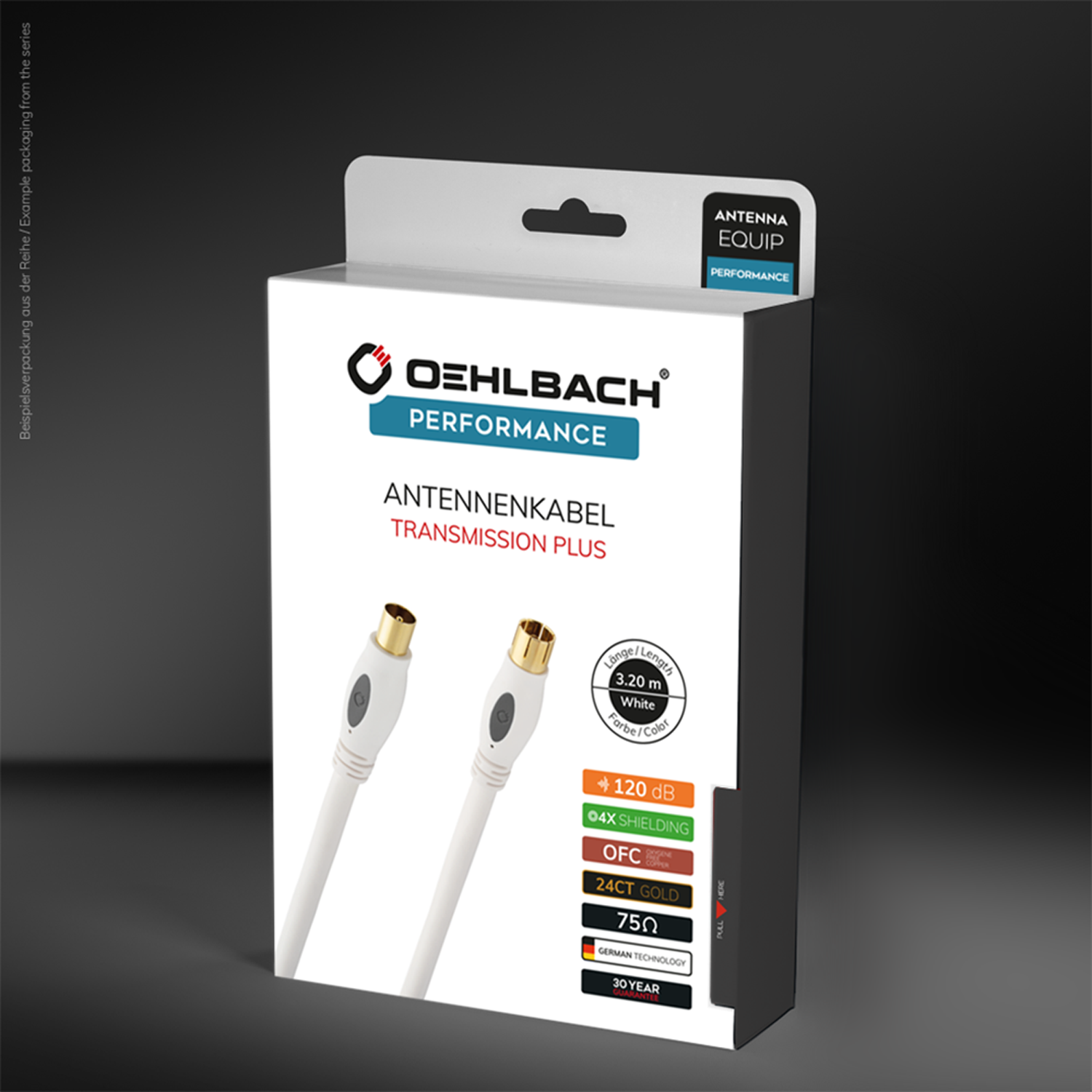 Eine weiße Box mit Koaxialkabel-Grafik, Text und goldenem Stecker. Der Hintergrund ist dunkel.