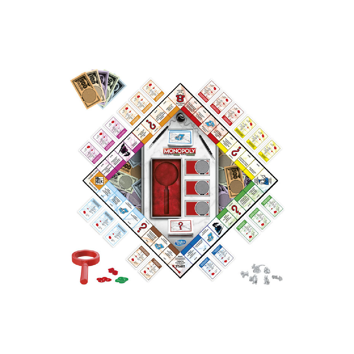 Monopoly-Brettspiel, mit Spielbrett, Karten, Geld, Häusern und Spielfiguren auf weißem Untergrund.