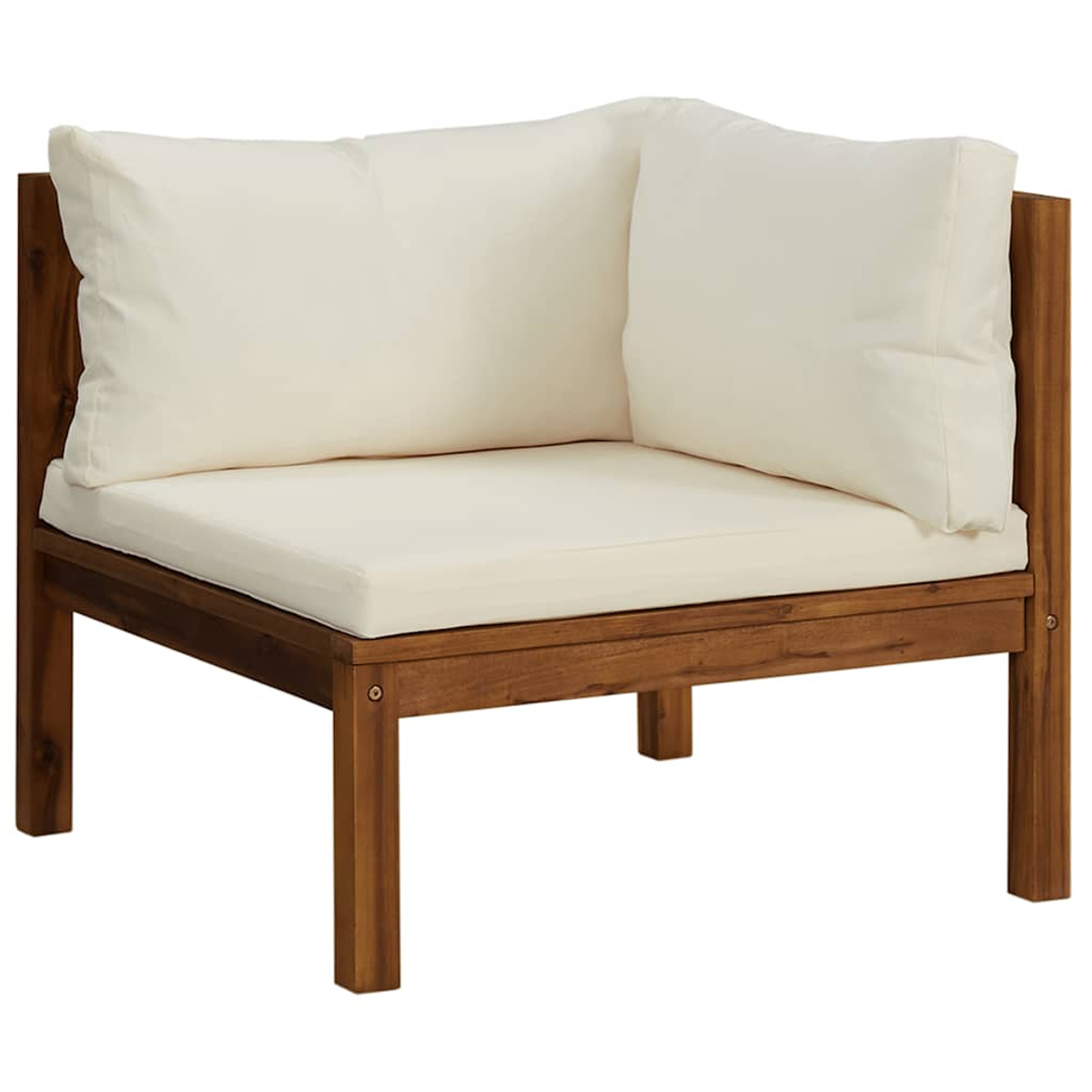 Ecksofa aus Holz für den Außenbereich mit weißen Kissen. Brauner Rahmen. Weiße Kissen sind sichtbar.