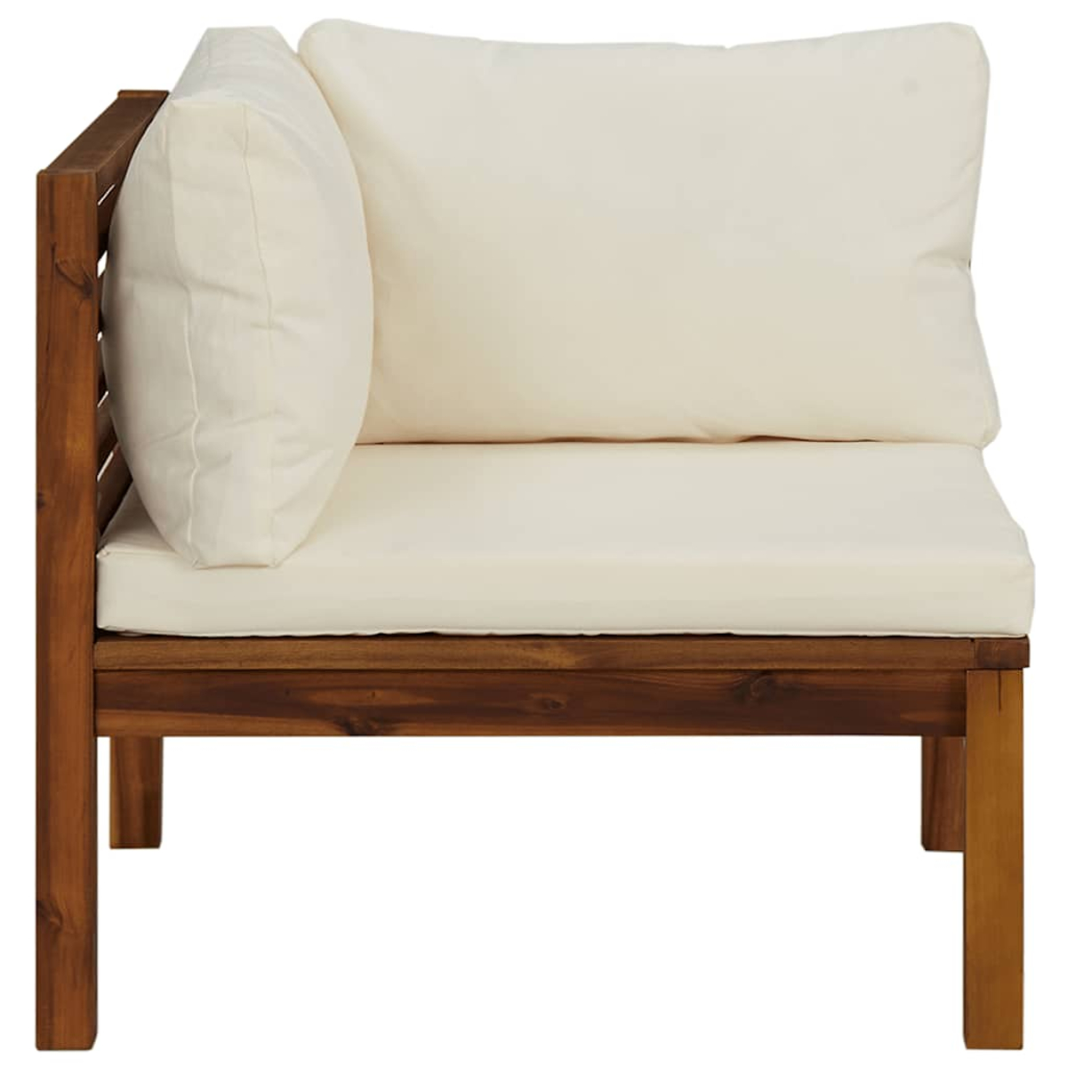 Ecksofa aus Holz für den Außenbereich mit weißen Kissen. Brauner Rahmen. Weiße Kissen und ein Seitenkissen sind sichtbar.