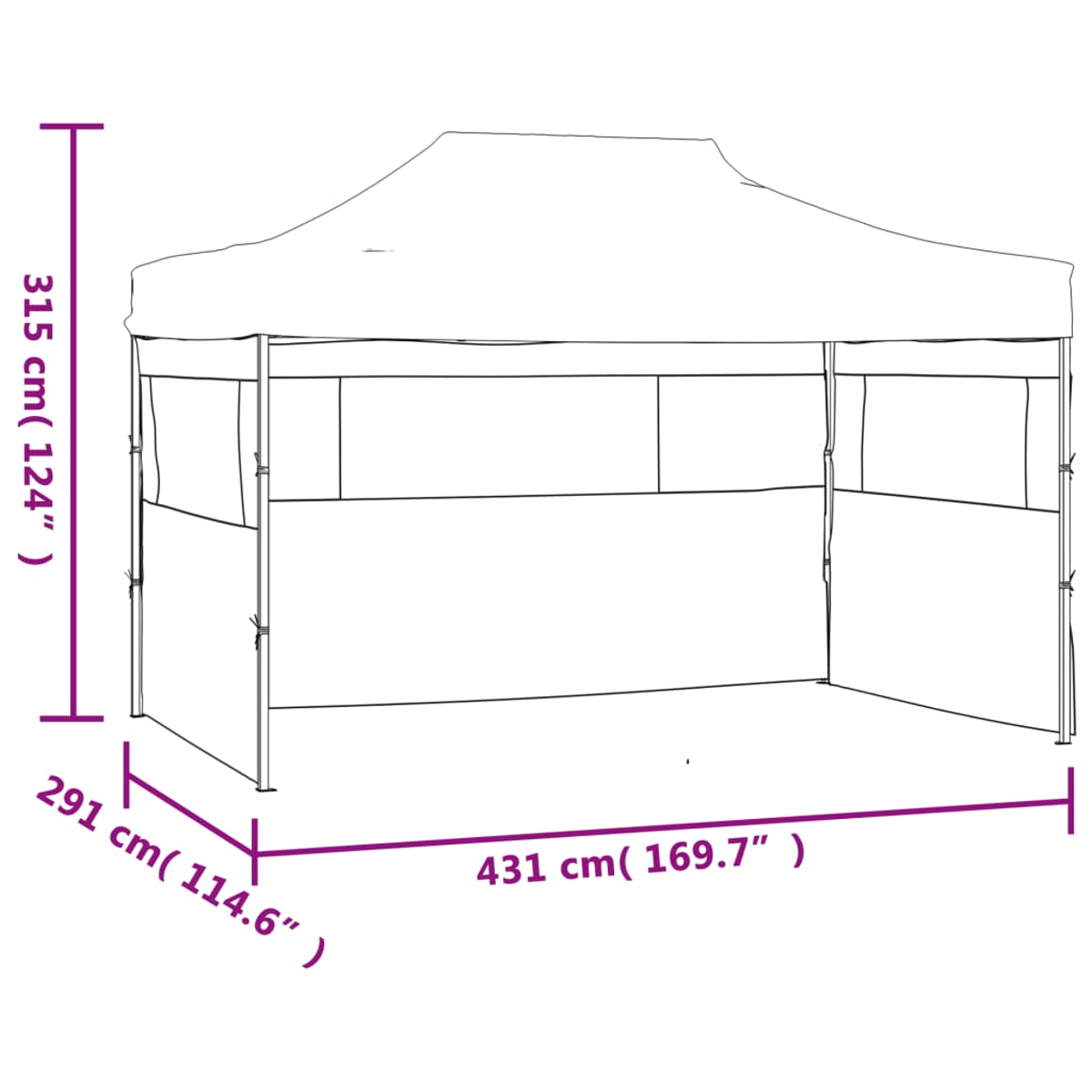 Weißes Outdoor-Zelt. Abmessungen: 315 cm Höhe, 291 cm Breite und 431 cm Länge.