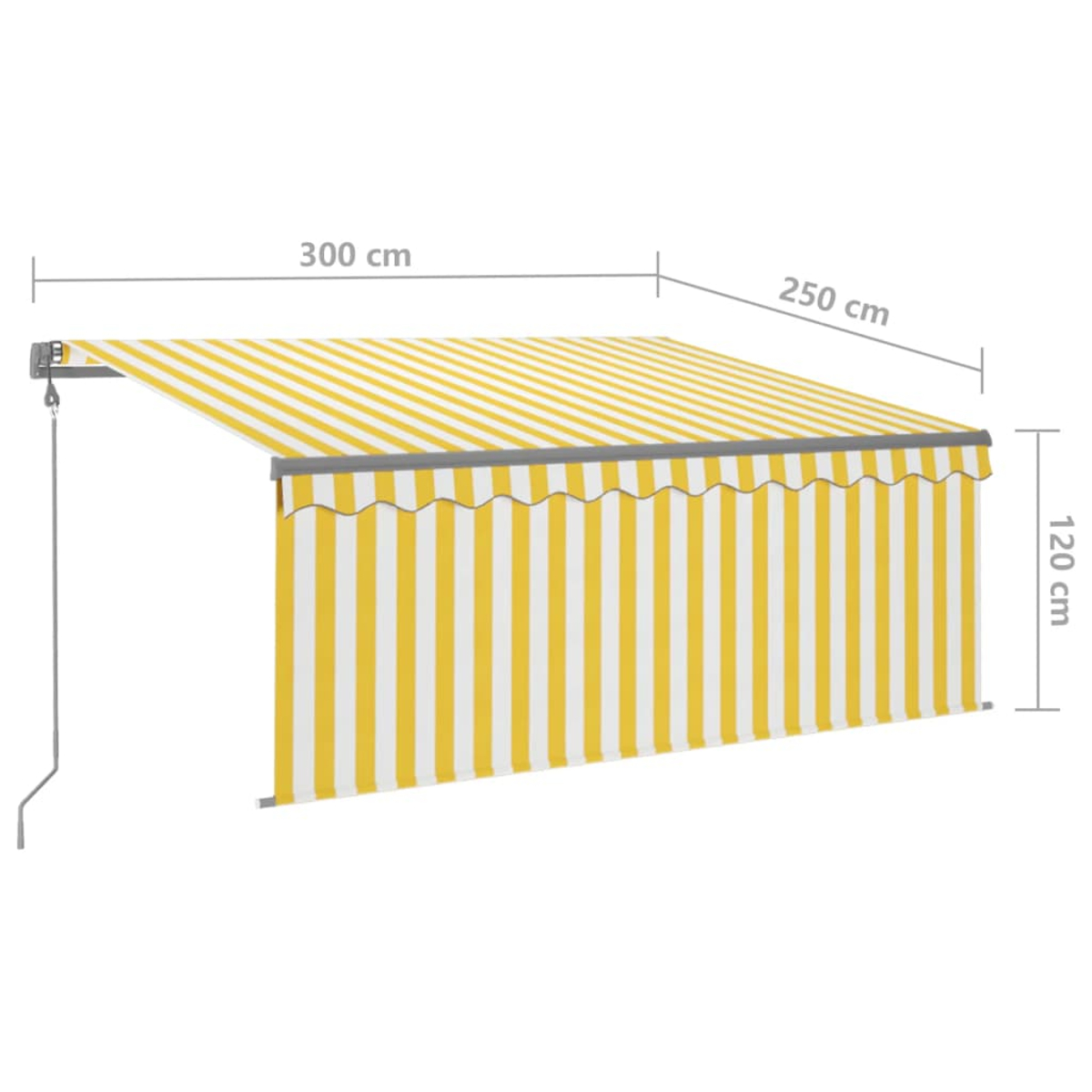 Gelb-weiß gestreifte Markise. Abmessungen: 300 cm Länge, 250 cm Ausladung und 120 cm Höhe.