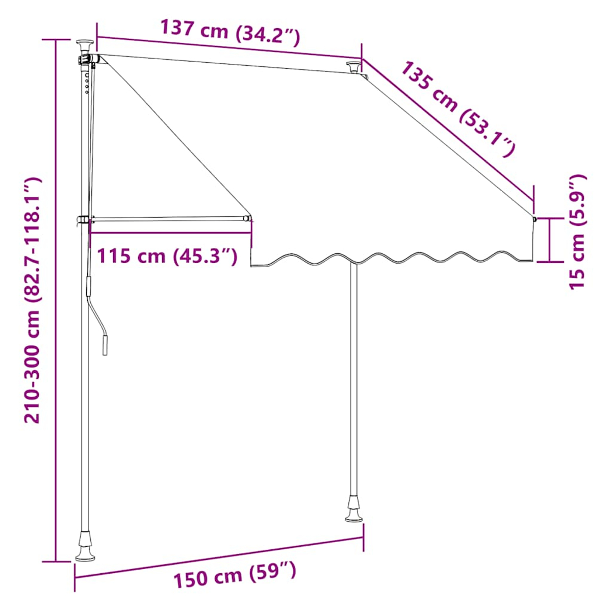 Markise mit angegebenen Maßen: 137 cm Länge, 135 cm Ausladung und 15 cm Höhe, mit Stütze.