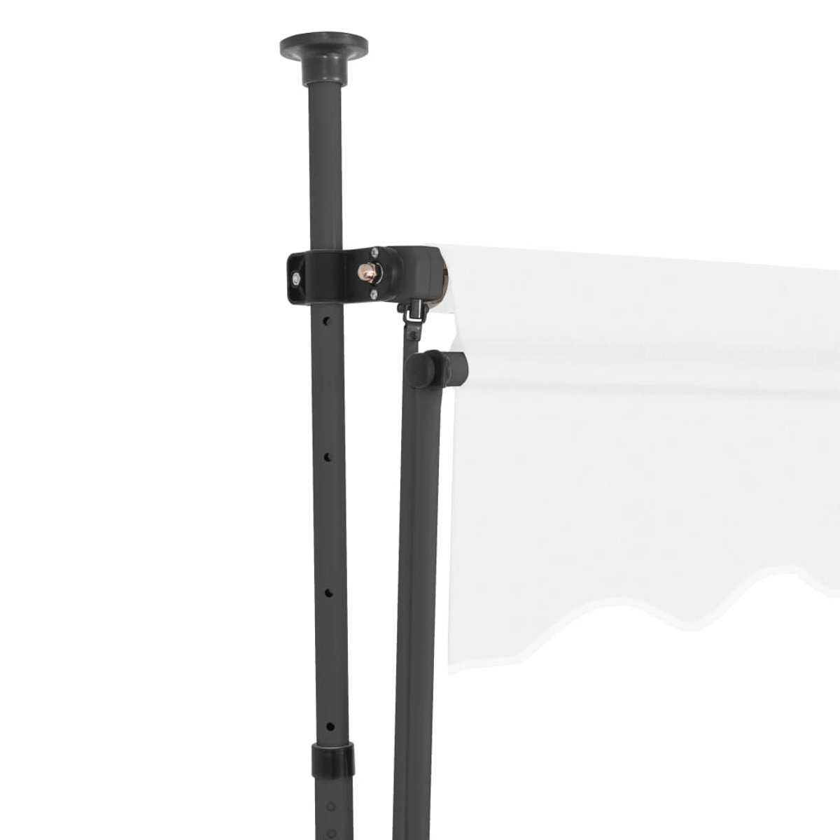 Details eines Markisenmechanismus. Schwarze Stützpfosten, weißer Stoff. Weißer Hintergrund.