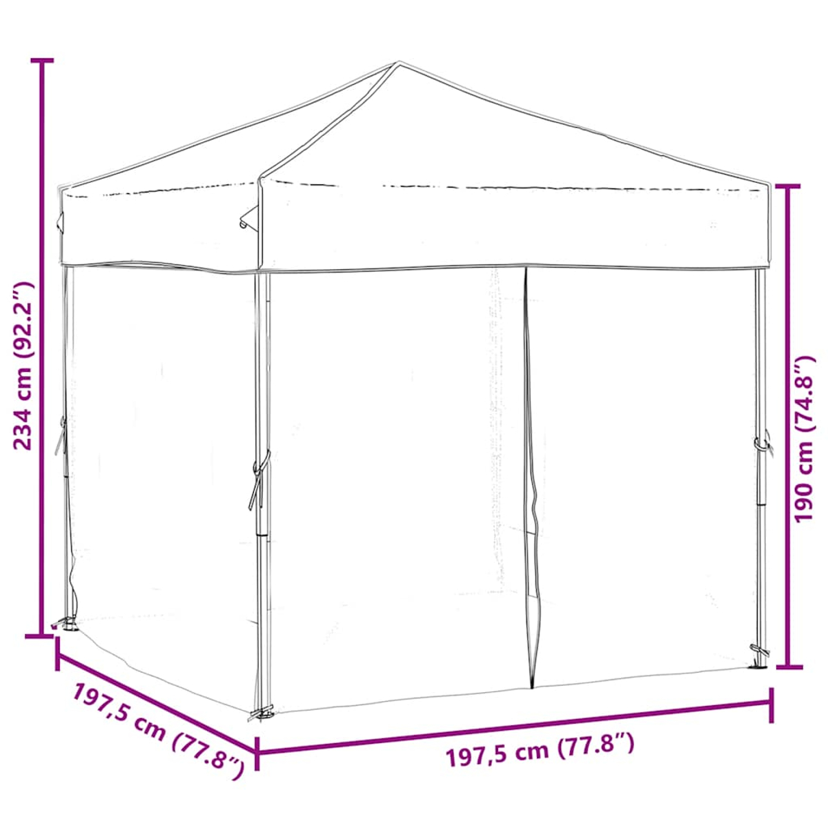 Weißes Außenzelt. Abmessungen: 234 cm Höhe, 197,5 cm Breite und 190 cm Tiefe.