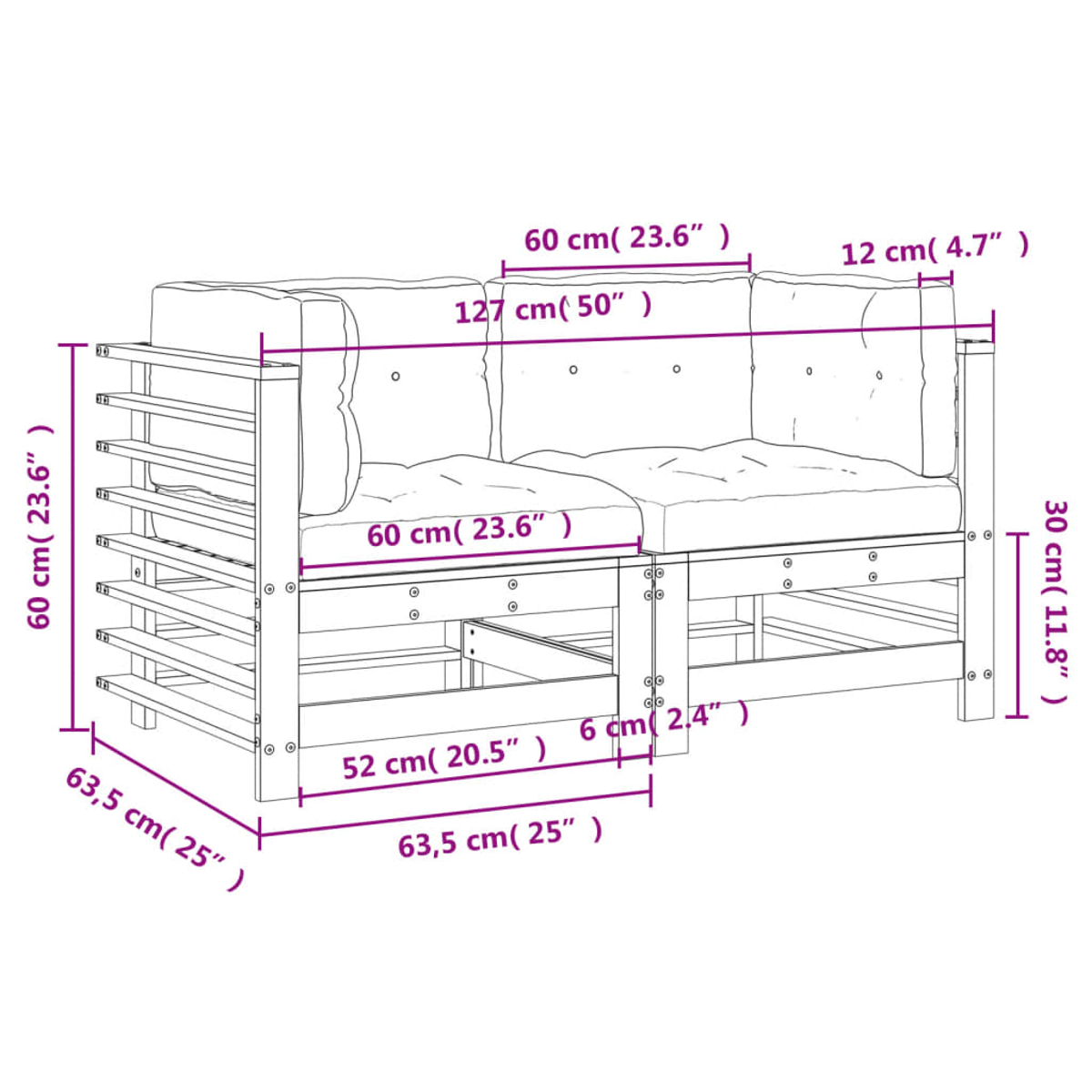 Holz-Outdoor-Sofa, mit beschrifteten Abmessungen. Es ist beige und braun. Die Abmessungen sind 127x63,5x60cm.