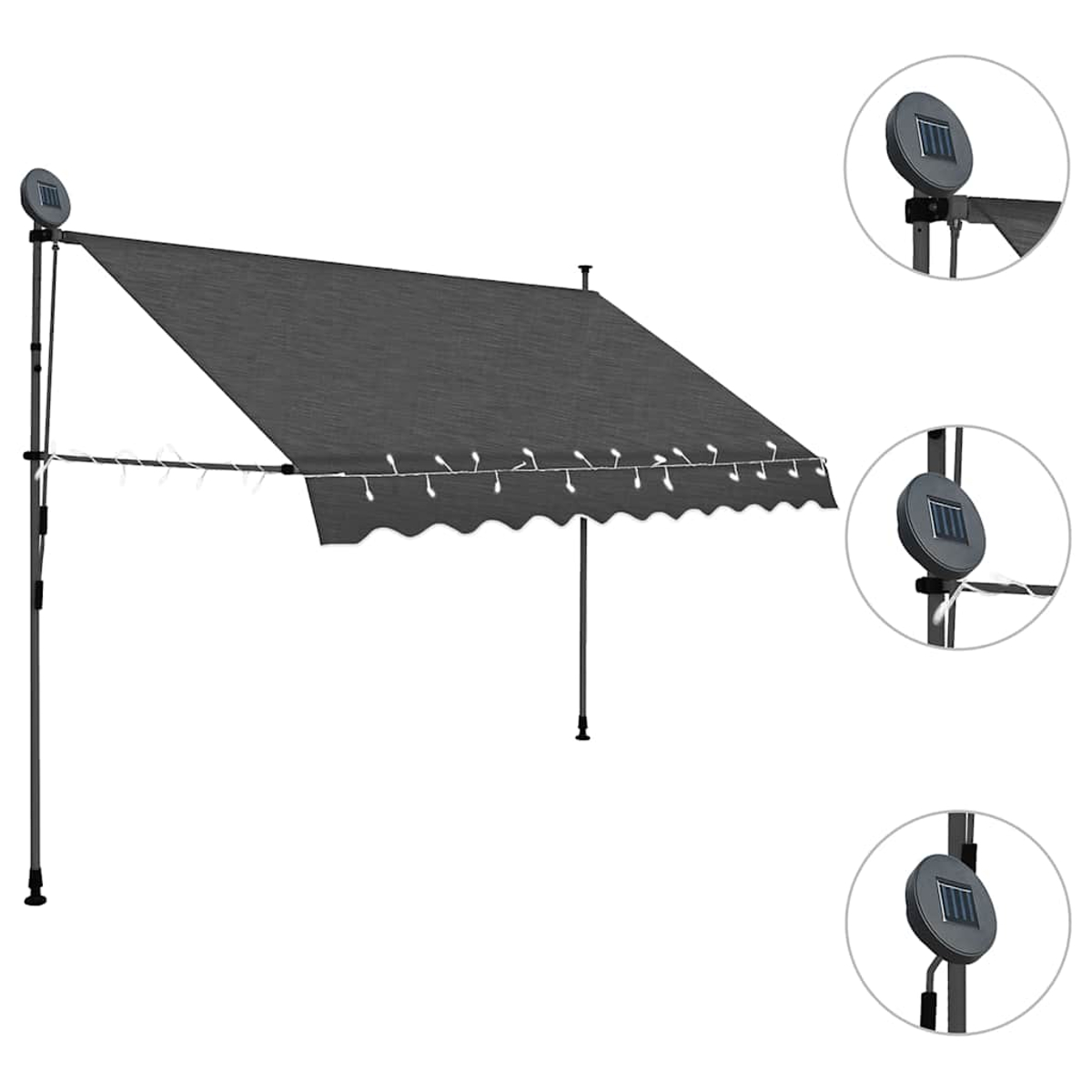Graue Markise mit Solarpanelen und Lichtern. Die Markise hat einen wellenförmigen Rand. Der Träger ist schwarz.