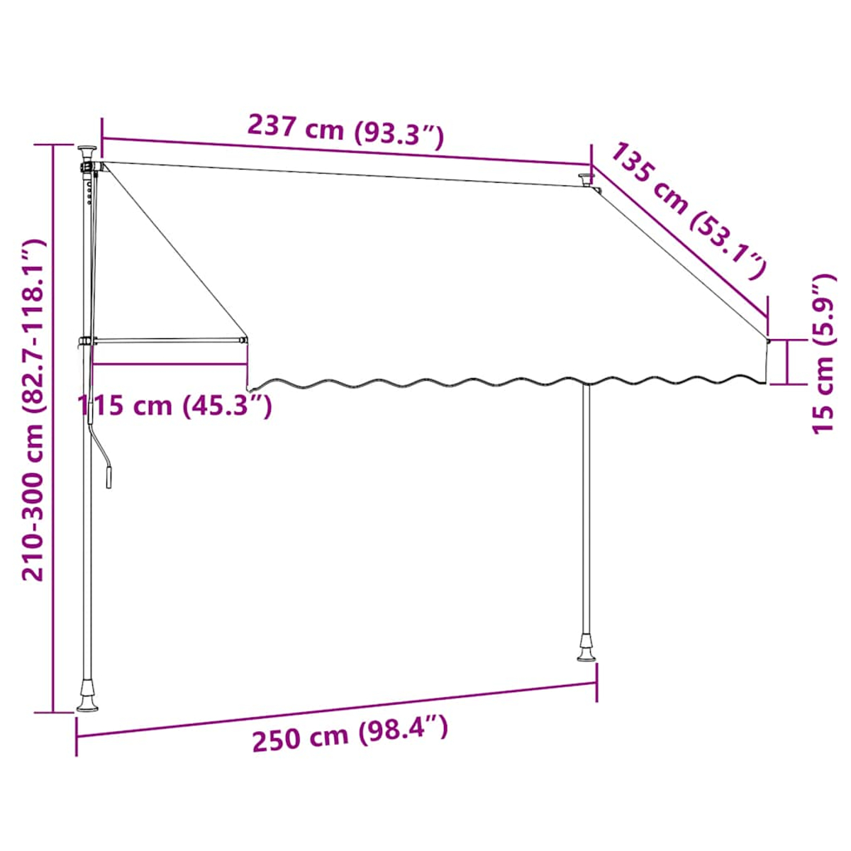 Diagramm einer Markise mit Maßen. Die Markise ist rechteckig und an einer Stange befestigt. Maße sind in cm.