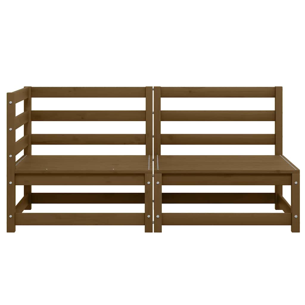 Zwei braune Holzbänke mit horizontalen Lamellen. Weißer Hintergrund.