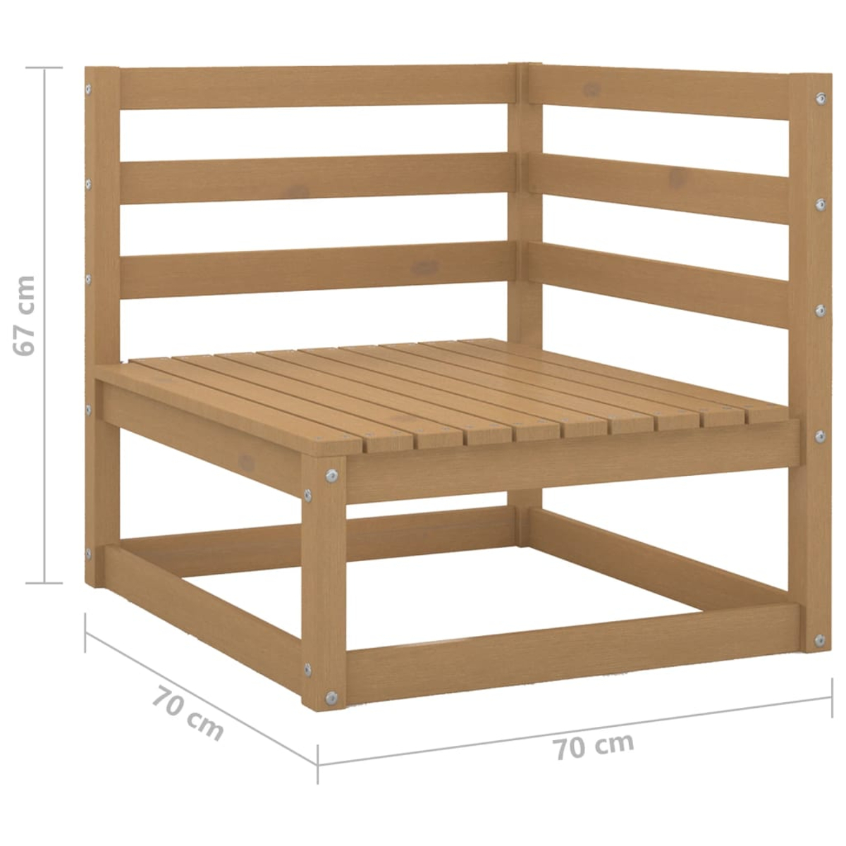 Eckstuhl aus Holz, Maße gezeigt, braune Holzfarbe, schlichtes Design.