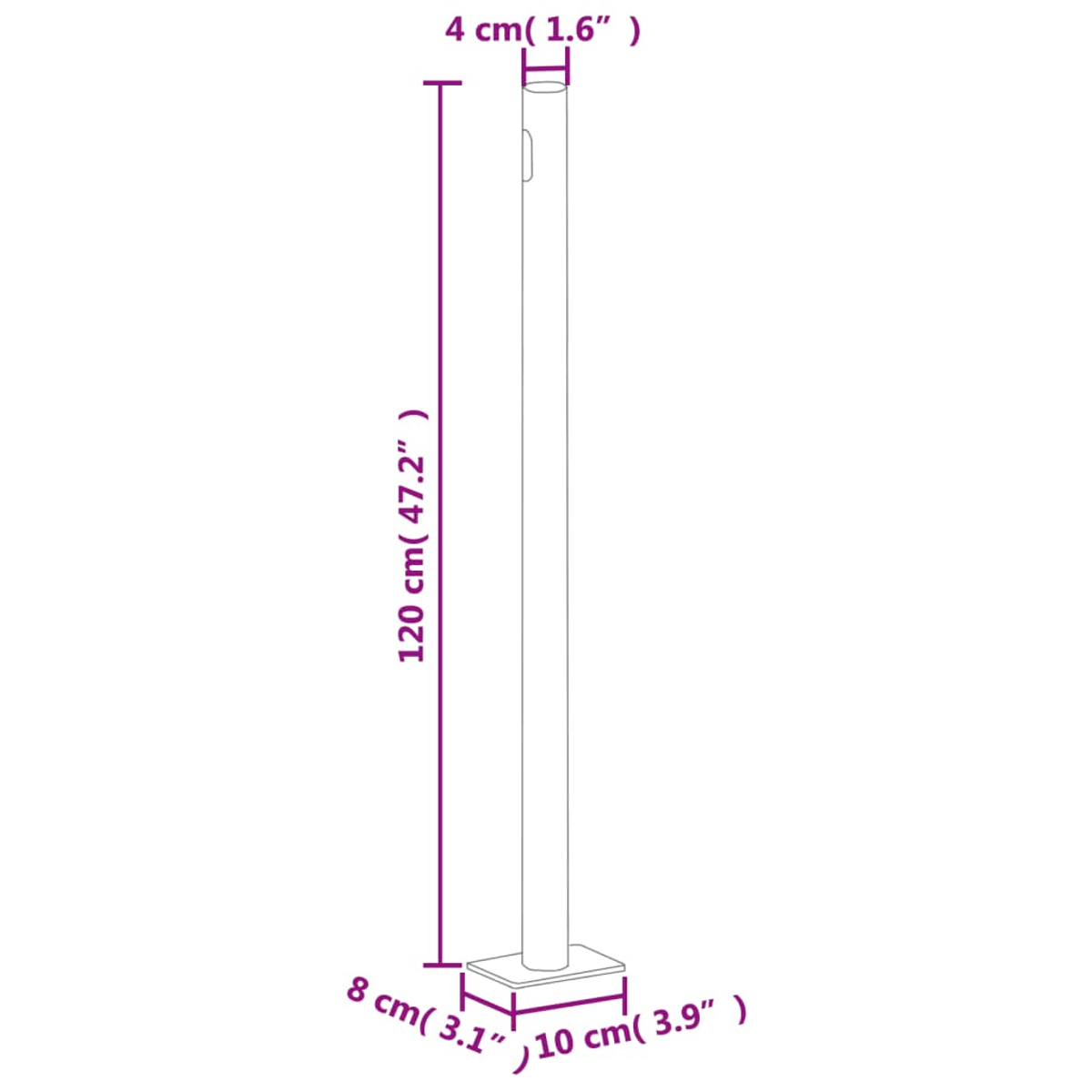 Ein Pfahl mit den Maßen: 120 cm, 10 cm, 8 cm und 4 cm.