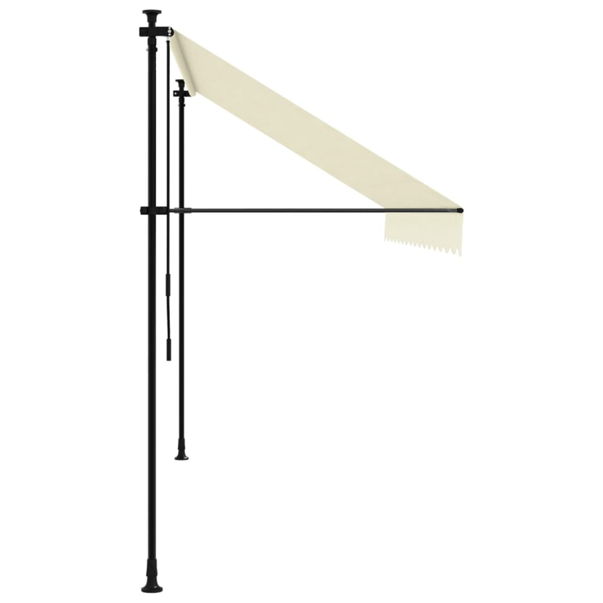 Beige Markise, schwarze Stützen, weißer Hintergrund. Markise ist teilweise geöffnet.