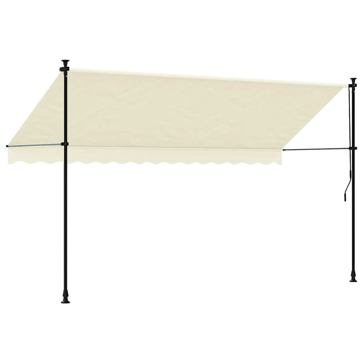 Beige Markise mit schwarzem Metallrahmen, ausgefahren.