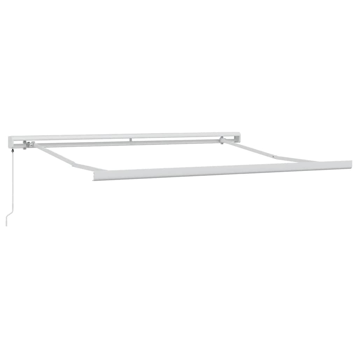 Una tenda da sole bianca estesa, con meccanismo a manovella e sfondo bianco. Design semplice.