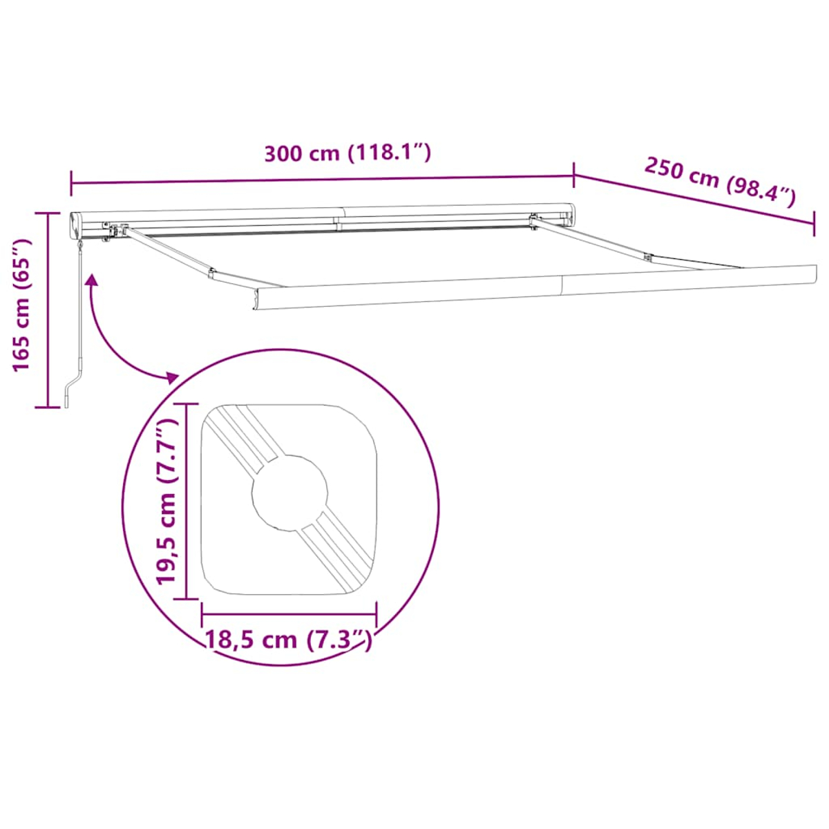 Dimensioni e dettagli della tenda da sole, con misure in cm e pollici, e un diagramma.