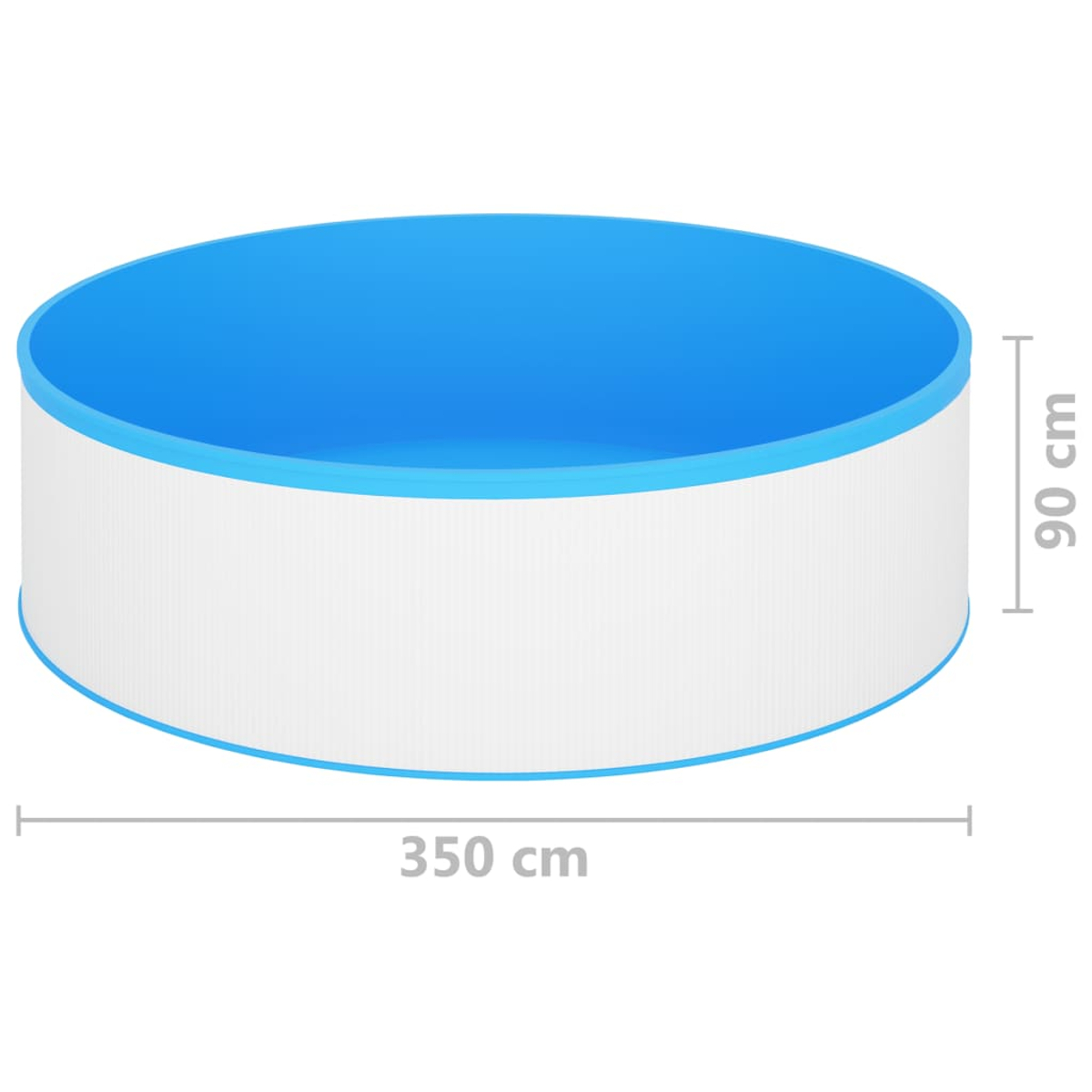 Ein runder blau-weißer Pool mit den angegebenen Maßen: 350cm breit, 90cm hoch.