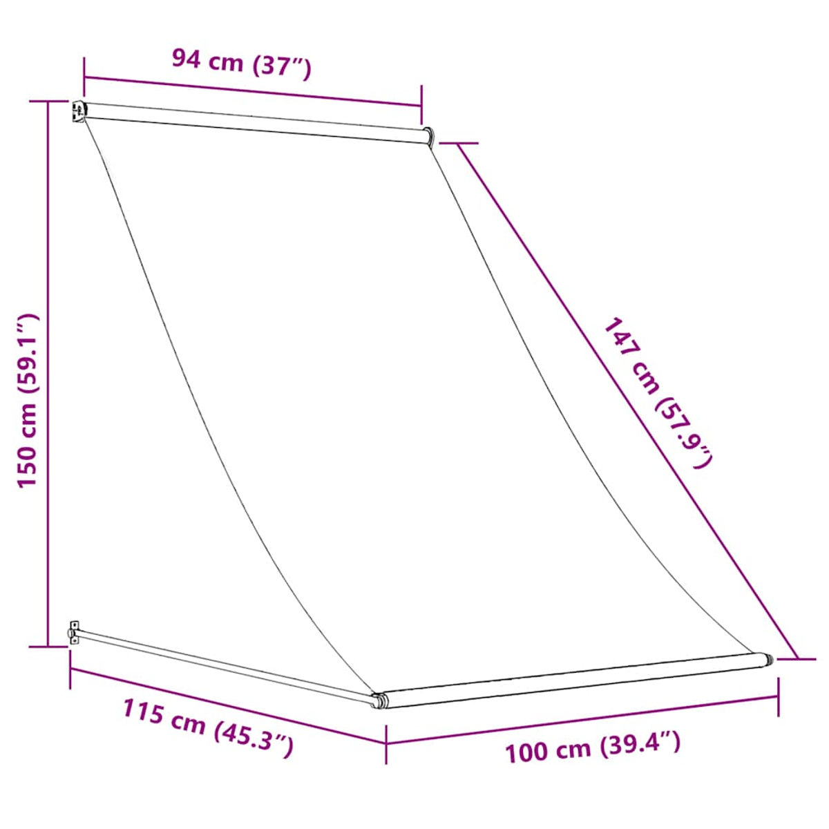 Abmessungen einer Markise: 150 cm (59,1") hoch, 115 cm (45,3") breit und 100 cm (39,4") tief.