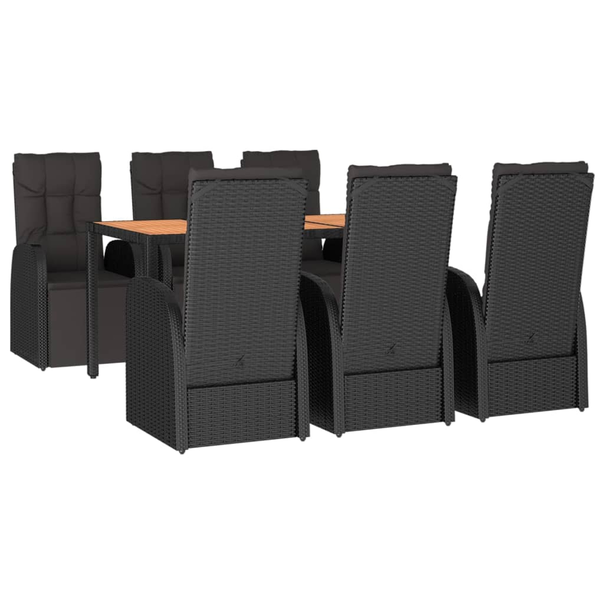Ein Ess-Set mit schwarzen Stühlen und einem Tisch. Nahaufnahme eines Stuhls.