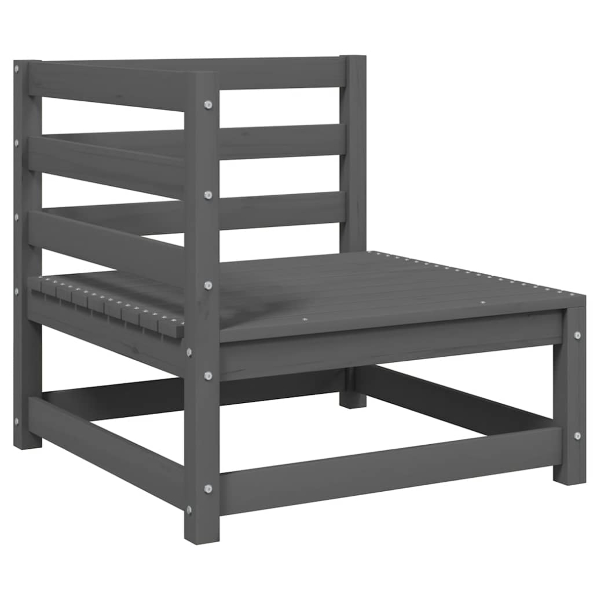 Dunkelgrauer Outdoor-Stuhl aus Holz. Er hat eine Sitzfläche, Rückenlehne und Armlehnen aus Latten.