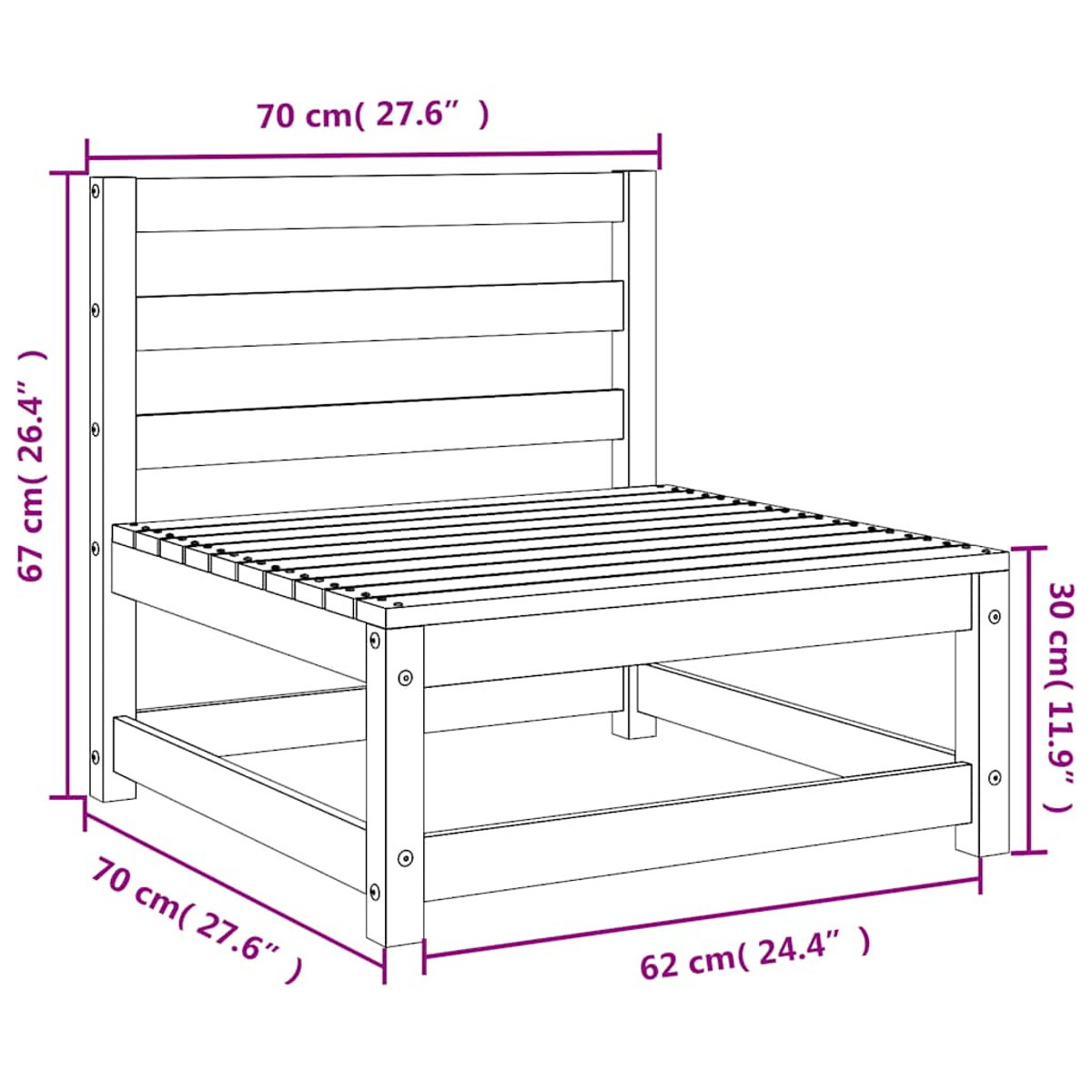 Diagramm eines hölzernen Stuhls im Freien mit Abmessungen: 70cm x 67cm x 30cm, mit Beschriftungen.