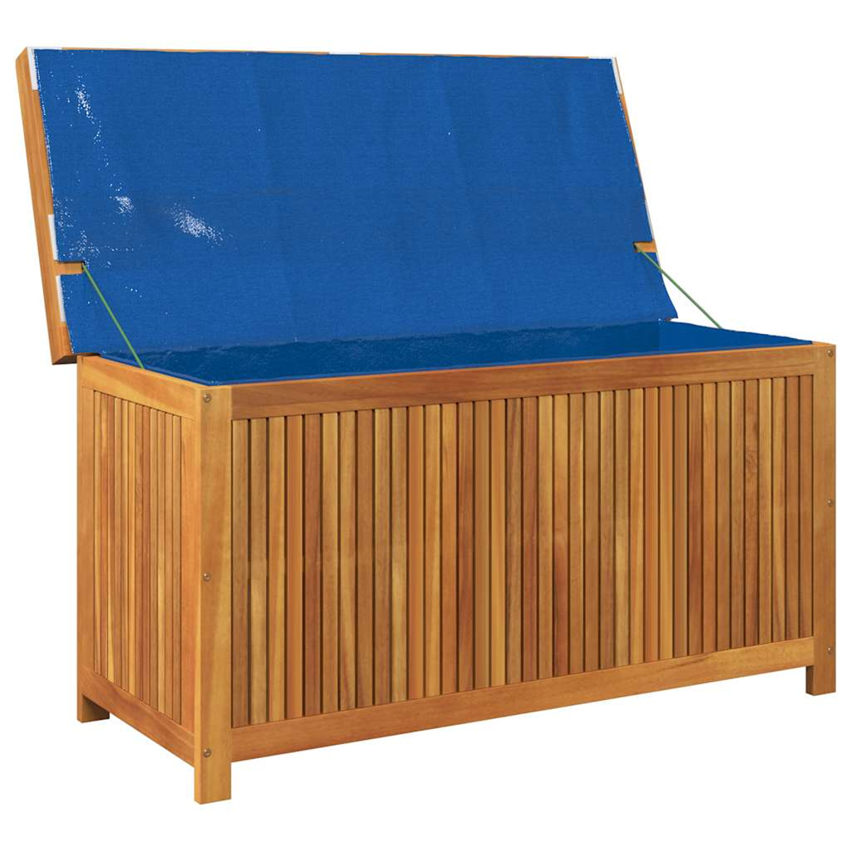Holz-Truhe mit offenem, blauem Deckel. Die Truhe hat ein vertikales Lamellen-Design.