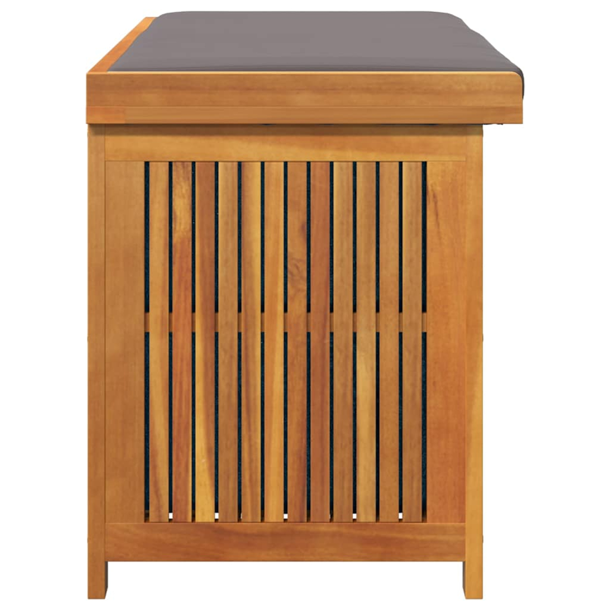 Seitenansicht einer Holz-Truhe mit grauem Kissen und vertikalem Lamellen-Design.