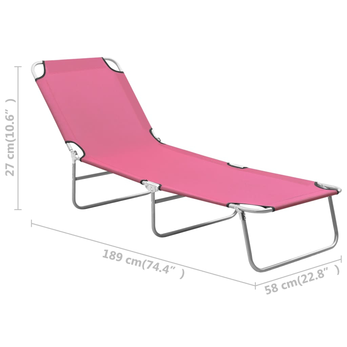 Rosa Chaiselongue mit angegebenen Abmessungen: 189 cm lang, 58 cm breit, 27 cm hoch.