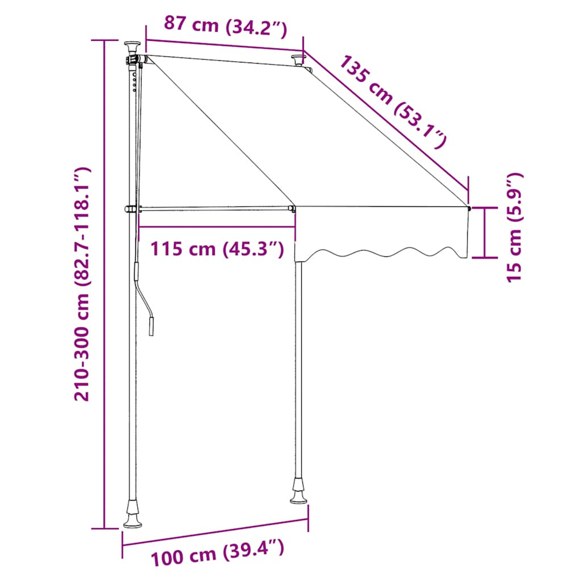 Diagramm einer ausziehbaren Markise mit Abmessungen. Weißer Rahmen, schwarze Markise. Maße in cm und Zoll.