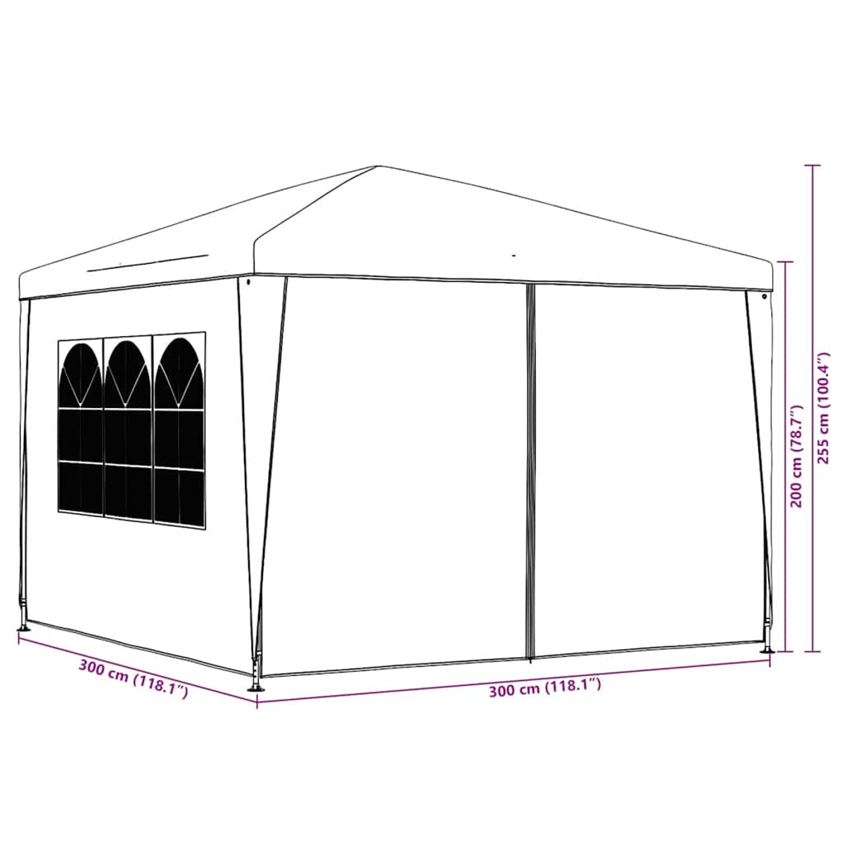 Pavillon mit dunkelgrünem Stoff, weißem Rahmen, Abmessungen in cm, weißem Hintergrund.