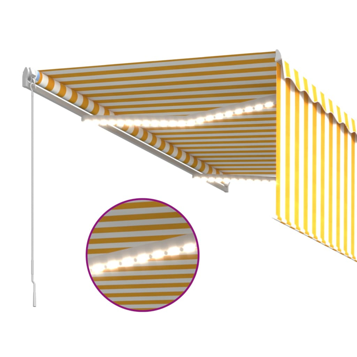Gelb-weiß gestreifte Markise mit LED-Lichtern, Nahaufnahme der Lichter.