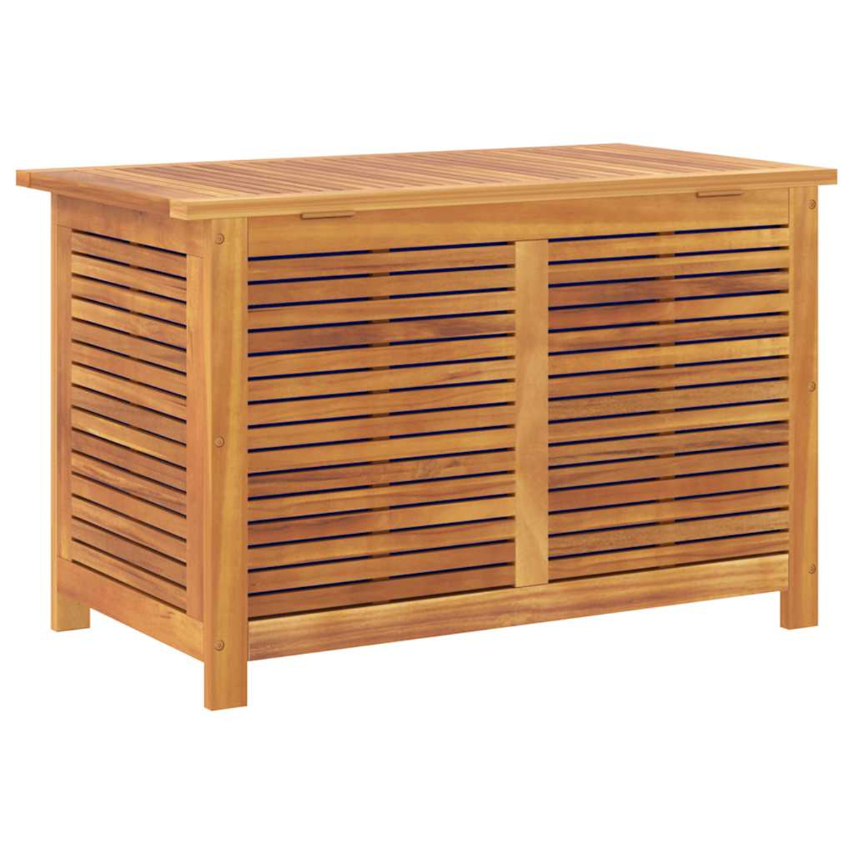 Holzkiste mit Lamellenfront, geschlossen. Massiver Holzdeckel, vier Beine.