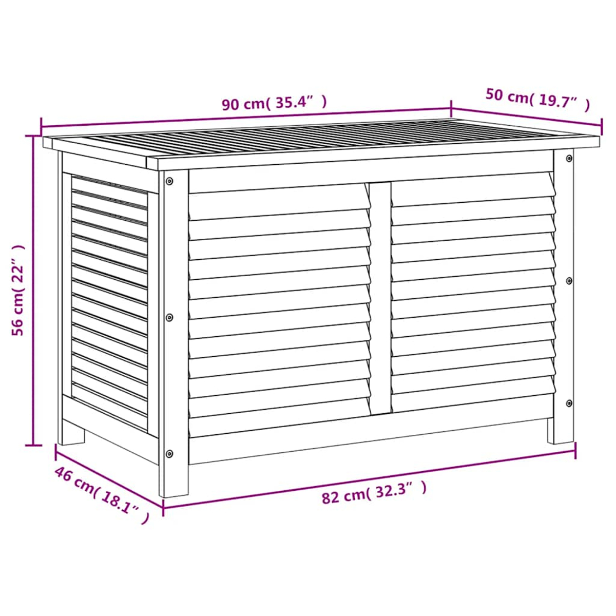 Holz-Aufbewahrungsbox mit Maßen. Die Oberseite hat Lamellen, die Seiten horizontale Paneele.