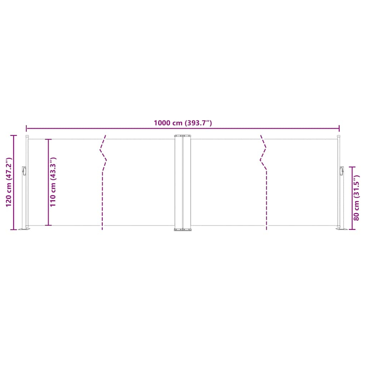 Maßdiagramm eines Faltvorhangs: 1000x120x80 cm. Weißer Hintergrund.