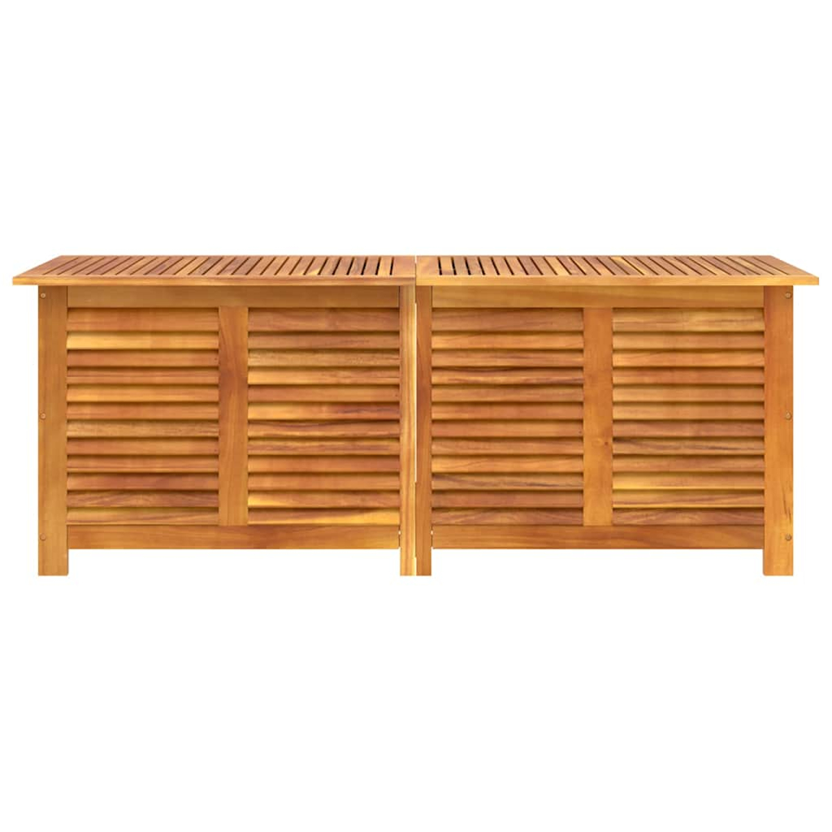Holzbar mit Lamellen. Zwei Abschnitte, jeder mit Lamellenfront, Holzplatte und Beinen.