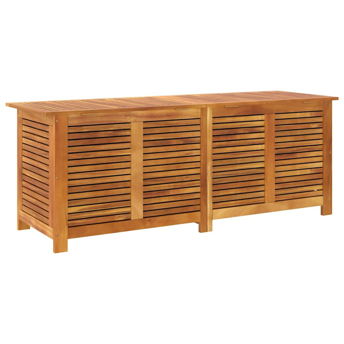 Holzaufbewahrungsbox. Horizontale Lamellen an Türen und Oberseite. Braune Farbe. Weißer Hintergrund.