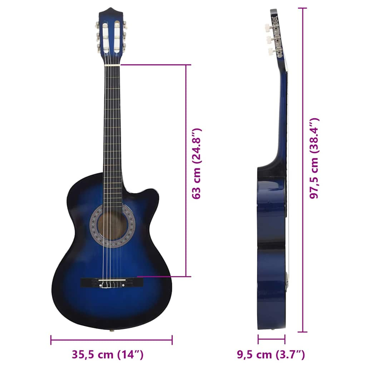 Blaue Akustikgitarre mit Maßangaben, vor weißem Hintergrund.