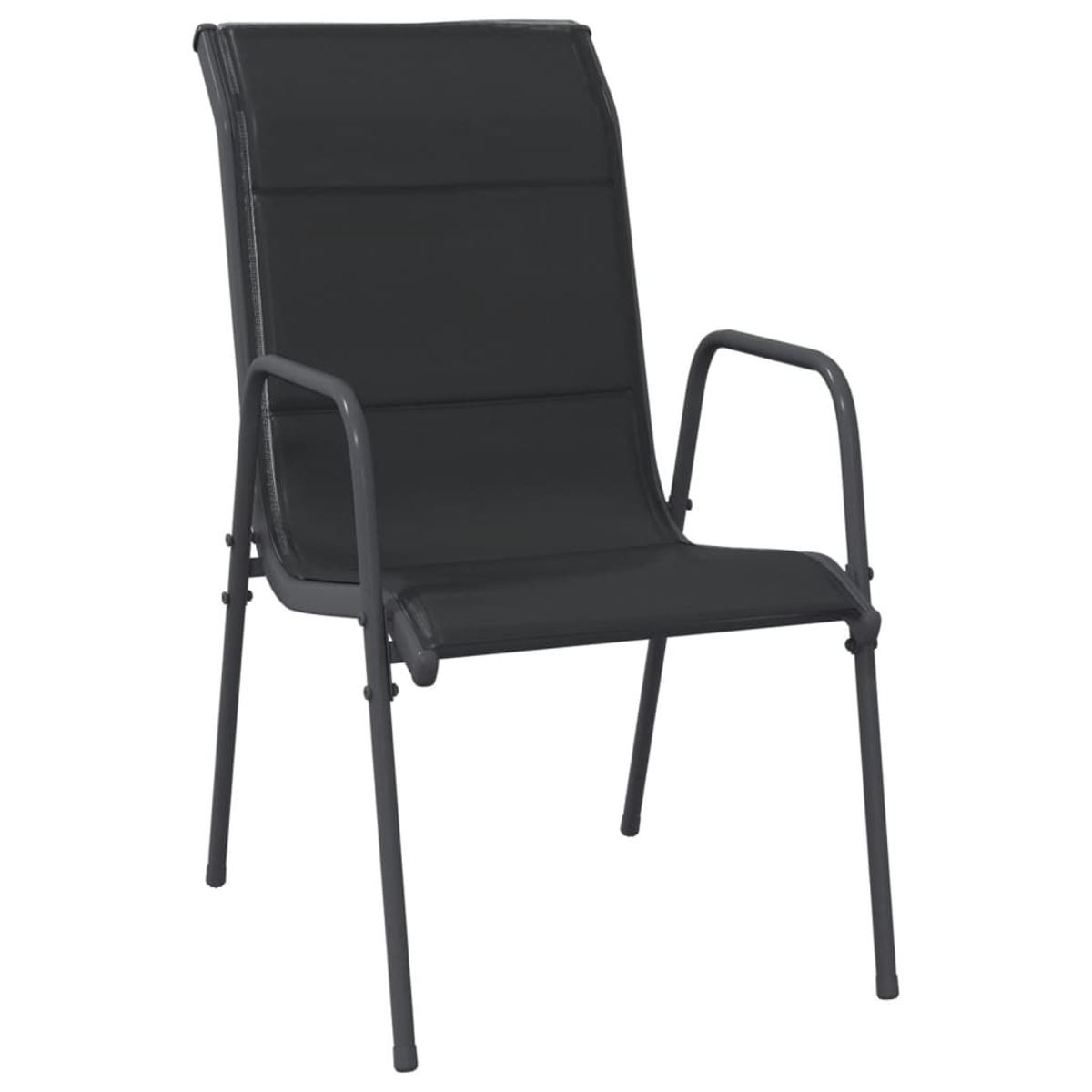 Grauer Metall-Stuhl mit schwarzem Sitz. Er hat Armlehnen und eine hohe Rückenlehne.