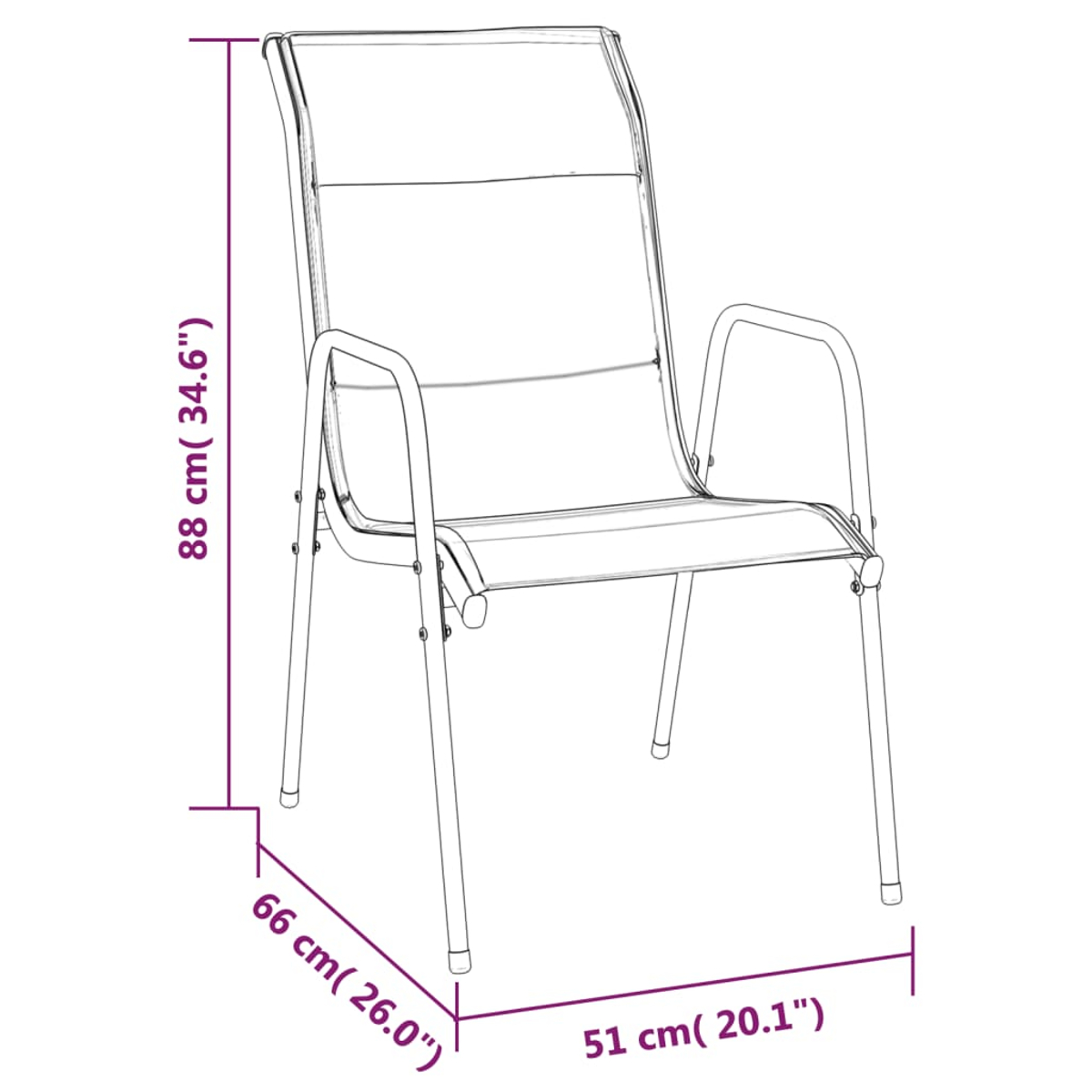 Strichzeichnung eines Stuhls mit Maßen: 88 cm hoch, 66 cm breit, 51 cm tief.
