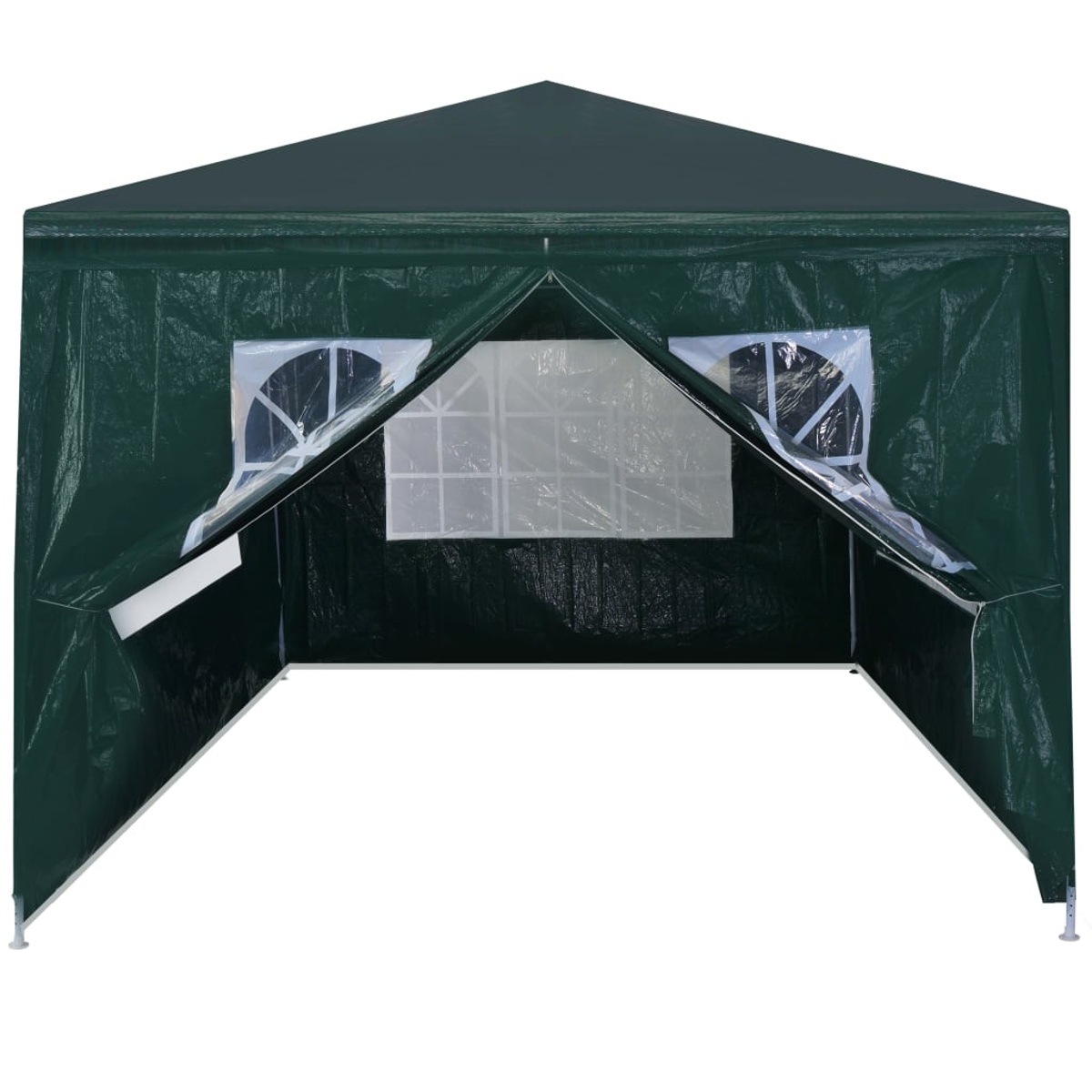 Grüner Pavillon mit zwei Fenstern und offenem Eingang. Weiße Verkleidung und Pfosten sichtbar.
