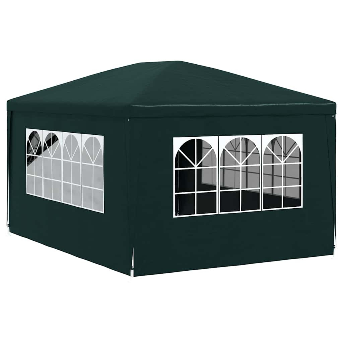 Grüner Pavillon mit weiß gerahmten Fenstern, keine sichtbaren Objekte innen oder außen.