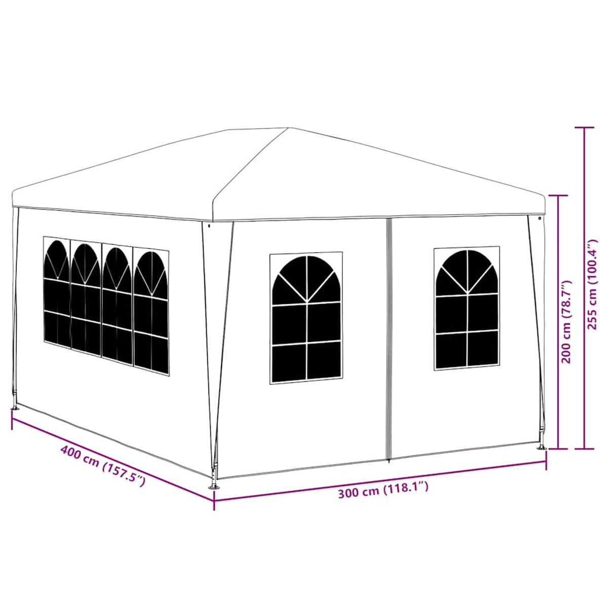 Weißer Pavillon mit mehreren Fenstern und Abmessungen in cm und Zoll.