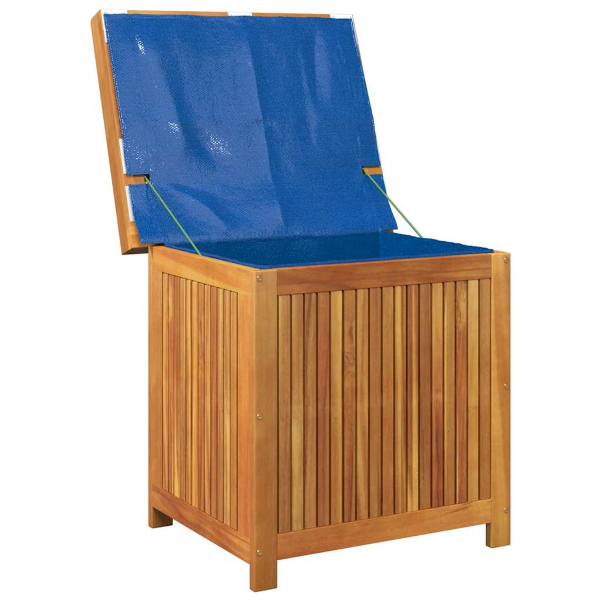 Holz-Aufbewahrungsbox mit offenem Deckel und blauem Bezug.
