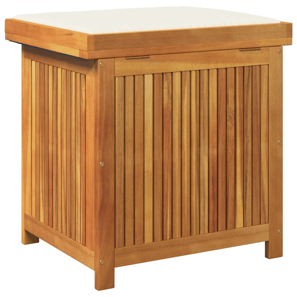 Holz-Aufbewahrungsbank mit weißem Kissen oben.