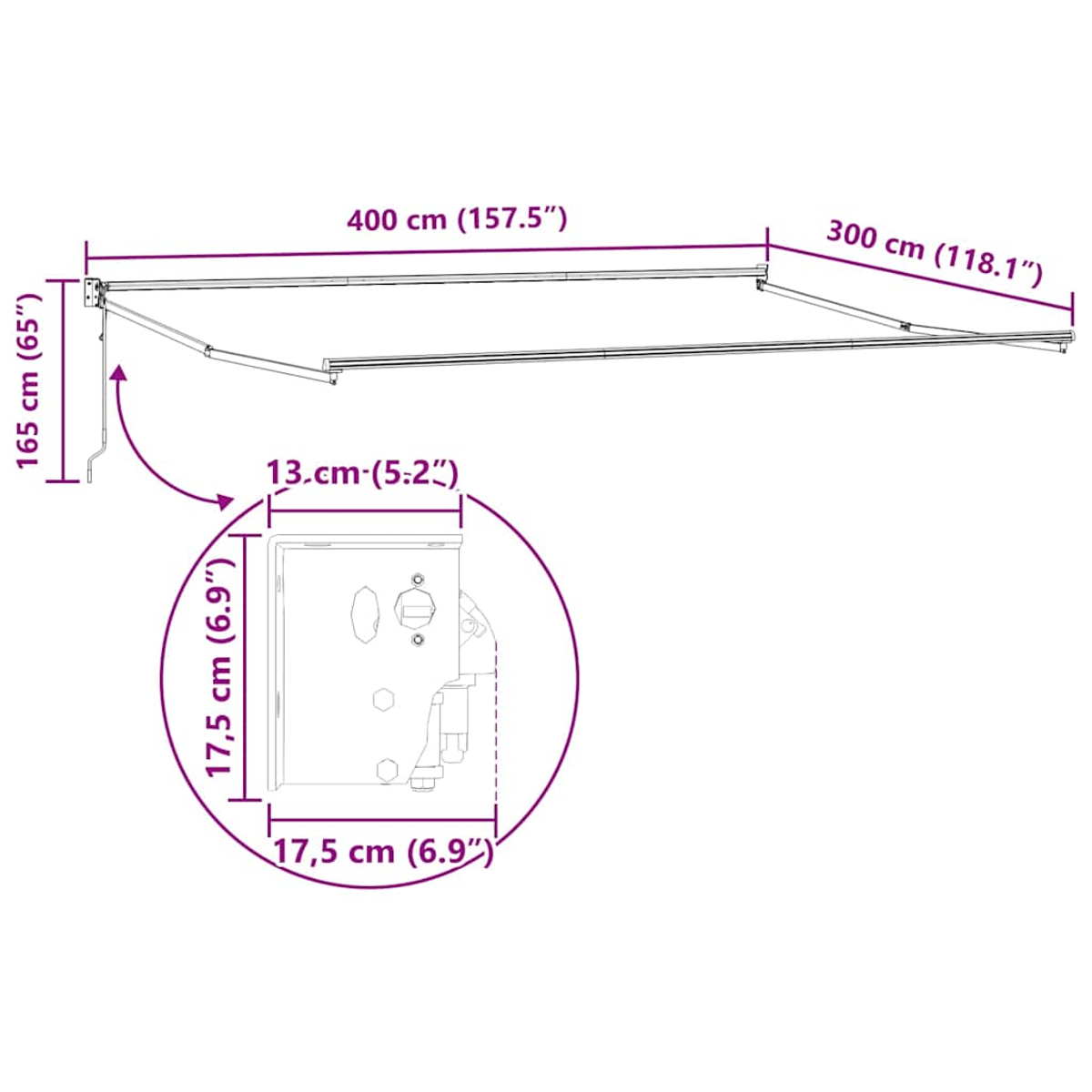 Diagramma di una tenda da sole con dimensioni: 400cm x 300cm. Un inserto ingrandito mostra i dettagli di montaggio.