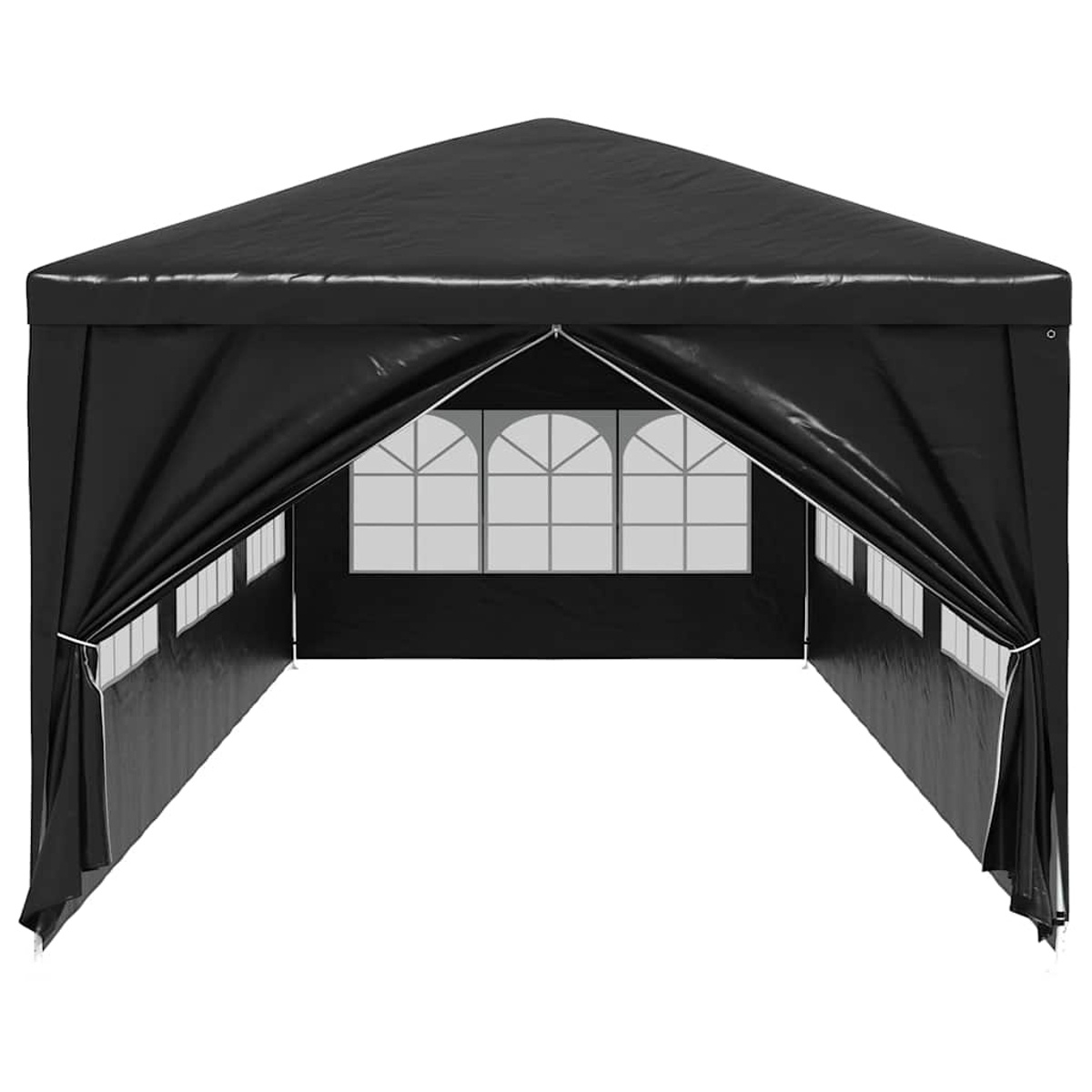 Schwarzes Zelt mit Fenstern, offenem Eingang und dreieckiger Dachform. Weißer Besatz und schwarzes Dach.