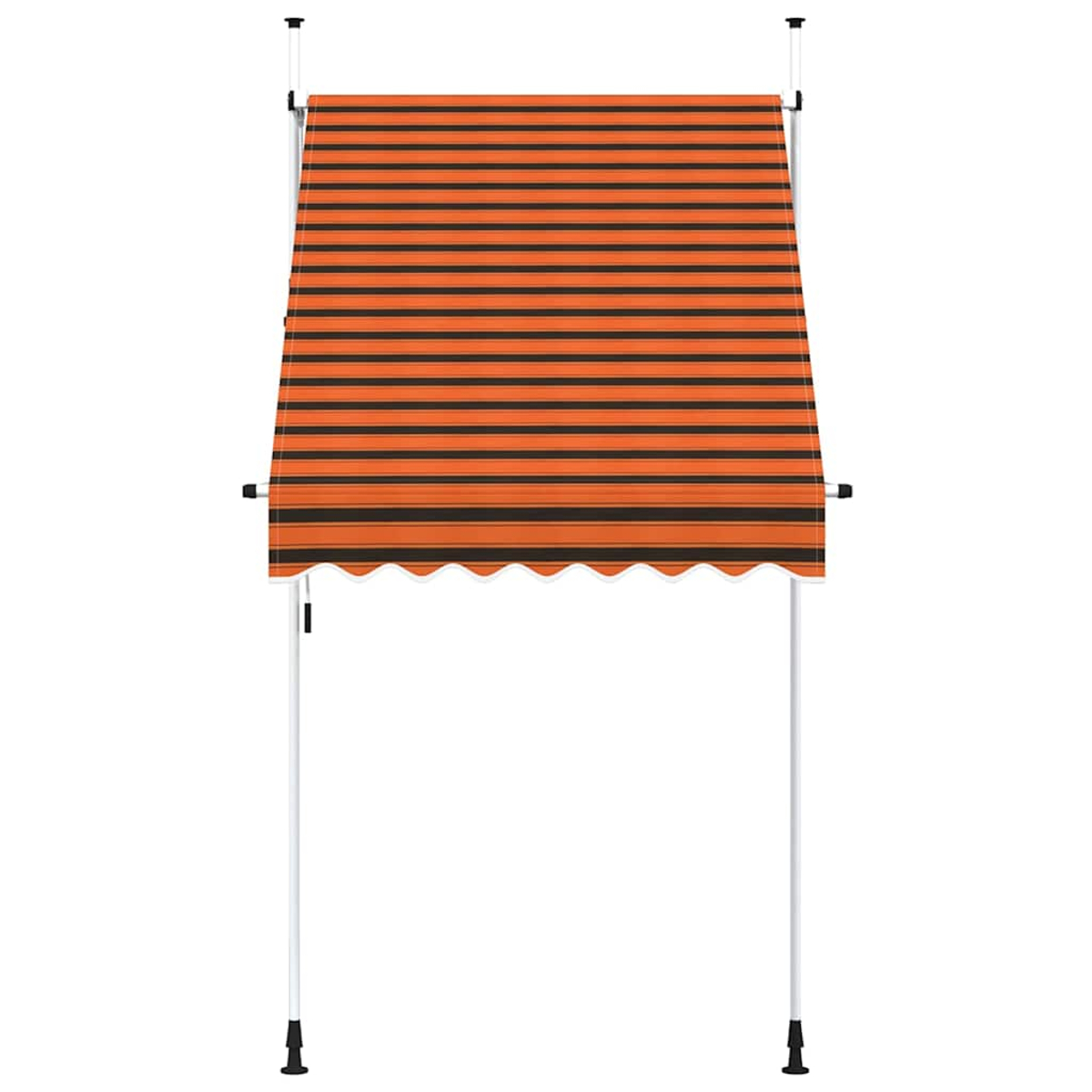 Orange und schwarz gestreifte Markise. Der Hintergrund ist weiß.